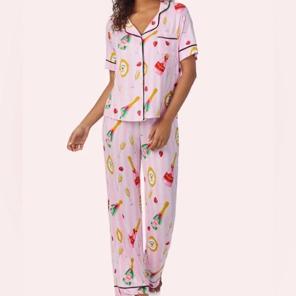Room Service “Drink Champagne” Women's Pink Printed Pajama Set Size L - Picture 2 of 9